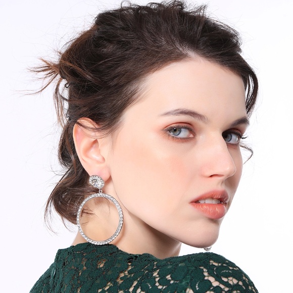 Ella Etc Silver Tone Sparkly Hoop Earrings | 3” Statement Crystal Dangle - Picture 6 of 11